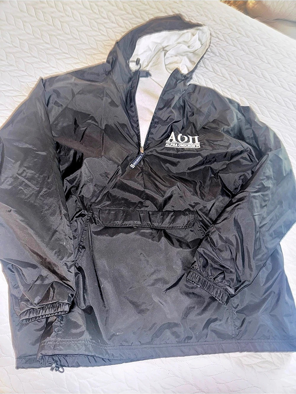 AOII Charles River Apparel Classic Solid Pullover Black Hooded Windbreaker